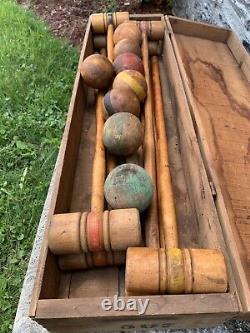 8 Player Antique Victorian Wooden Croquet Set W Wickets & Orig Storage Crate