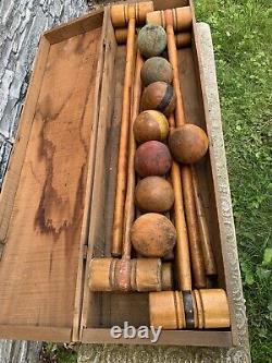 8 Player Antique Victorian Wooden Croquet Set W Wickets & Orig Storage Crate