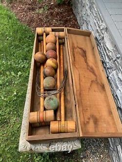 8 Player Antique Victorian Wooden Croquet Set W Wickets & Orig Storage Crate