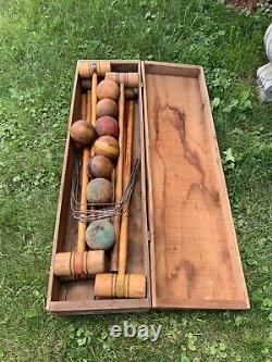 8 Player Antique Victorian Wooden Croquet Set W Wickets & Orig Storage Crate