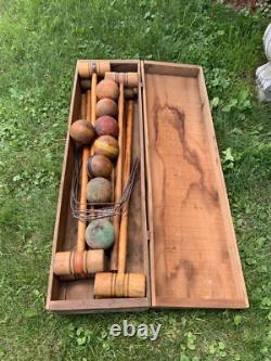 8 Player Antique Victorian Wooden Croquet Set W Wickets & Orig Storage Crate