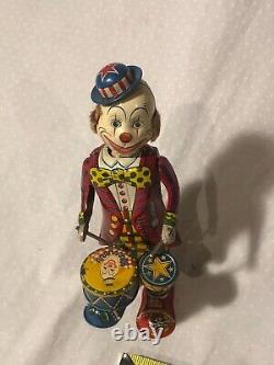 Alps windup tin toy drumming clown Japan 1950's K-39