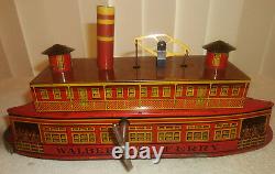 Antique 14in Tin Litho Windup Walbert Ferry Boat withOrig Box Instructions EXCELLT