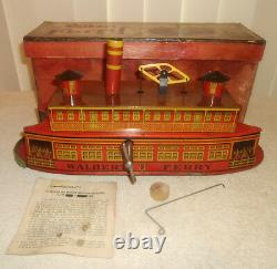 Antique 14in Tin Litho Windup Walbert Ferry Boat withOrig Box Instructions EXCELLT