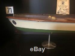 Antique 1928 Kellner Clockwork Wind Up Wooden Toy Speed Boat With Box Stand Exc