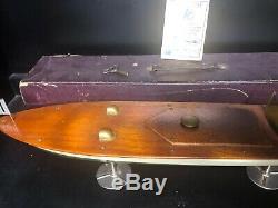 Antique 1928 Kellner Clockwork Wind Up Wooden Toy Speed Boat With Box Stand Exc