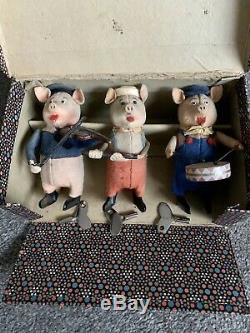 Antique 3 little pigs musicians Walt Disney tin toys wind-up Schuco German boxed