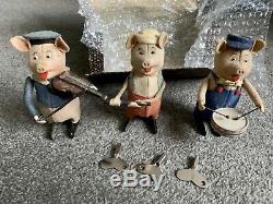 Antique 3 little pigs musicians Walt Disney tin toys wind-up Schuco German boxed