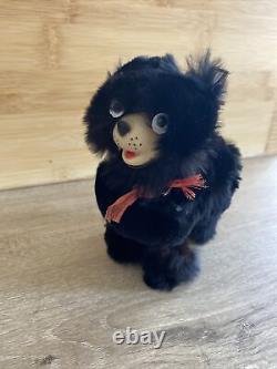 Antique 5 Wind Up Walking Mechanical Fuzzy Black Bear Made Japan Red Hat Bow
