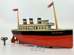 Antique Bing Germany Tin Litho Leviathan Vaterland Clockwork Toy Boat Ship + Key