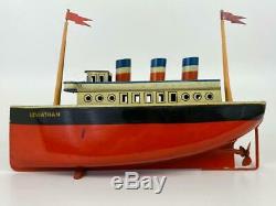 Antique Bing Germany Tin Litho Leviathan Vaterland Clockwork Toy Boat Ship + Key