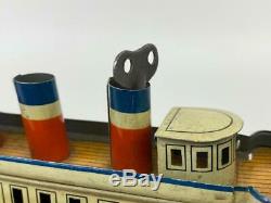 Antique Bing Germany Tin Litho Leviathan Vaterland Clockwork Toy Boat Ship + Key
