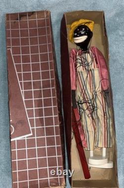 Antique Black Marionette Puppet in Striped Overalls & Pink Shirt withGraysons Box