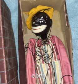 Antique Black Marionette Puppet in Striped Overalls & Pink Shirt withGraysons Box