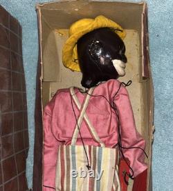Antique Black Marionette Puppet in Striped Overalls & Pink Shirt withGraysons Box