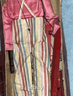 Antique Black Marionette Puppet in Striped Overalls & Pink Shirt withGraysons Box
