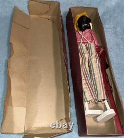 Antique Black Marionette Puppet in Striped Overalls & Pink Shirt withGraysons Box