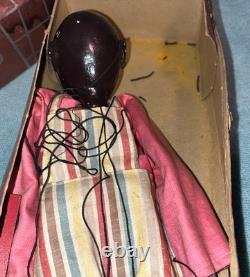 Antique Black Marionette Puppet in Striped Overalls & Pink Shirt withGraysons Box