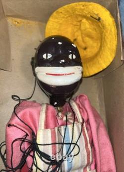 Antique Black Marionette Puppet in Striped Overalls & Pink Shirt withGraysons Box