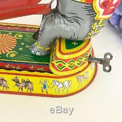 Antique Circus Elephant Wind-Up Tin Litho Toy, Vintage Circus spinning balls, US