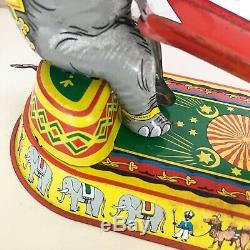 Antique Circus Elephant Wind-Up Tin Litho Toy, Vintage Circus spinning balls, US