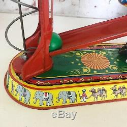 Antique Circus Elephant Wind-Up Tin Litho Toy, Vintage Circus spinning balls, US