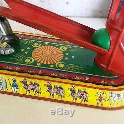 Antique Circus Elephant Wind-Up Tin Litho Toy, Vintage Circus spinning balls, US