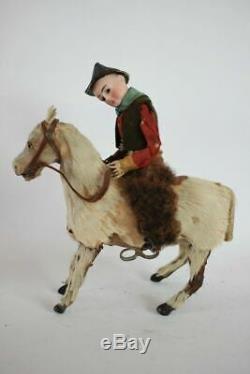 Antique FRENCH WIND UP TOY COWBOY ON HORSE BISQUE HEAD HAIR GOAT HAIR