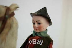 Antique FRENCH WIND UP TOY COWBOY ON HORSE BISQUE HEAD HAIR GOAT HAIR