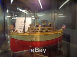 Antique German Clockwork Tin Plate Ocean Liner by Falk! Rare! Boat, Ship, Toy