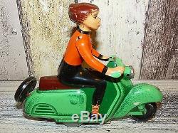 Antique German MSB Vespa Lehman Lady Women Scooter Motorcycle Wind-Up Toy 1950's