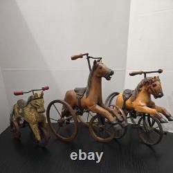 Antique Handmade Wooden Horse Lot Vintage Toys With Saddles