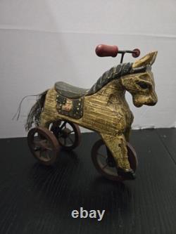 Antique Handmade Wooden Horse Lot Vintage Toys With Saddles