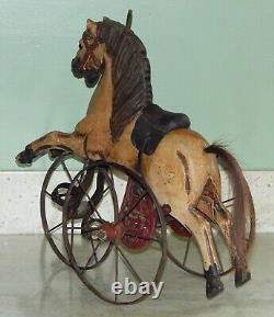 Antique Horse Velocipede Childs Toy Tricycle Wrought Iron & Wood Real Hair Tail