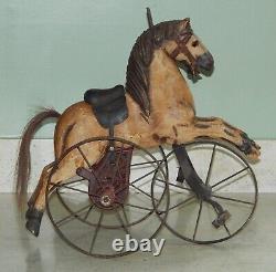 Antique Horse Velocipede Childs Toy Tricycle Wrought Iron & Wood Real Hair Tail