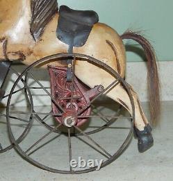 Antique Horse Velocipede Childs Toy Tricycle Wrought Iron & Wood Real Hair Tail