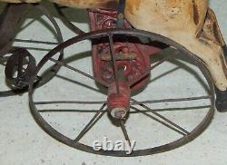 Antique Horse Velocipede Childs Toy Tricycle Wrought Iron & Wood Real Hair Tail