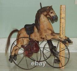 Antique Horse Velocipede Childs Toy Tricycle Wrought Iron & Wood Real Hair Tail