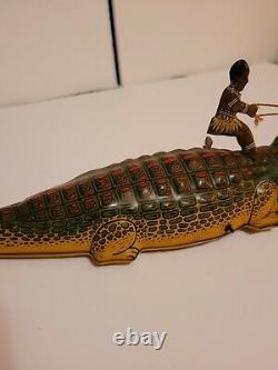 Antique J. Chein Tin Lithograph Wind Up Alligator with Indian Girl! Great Color
