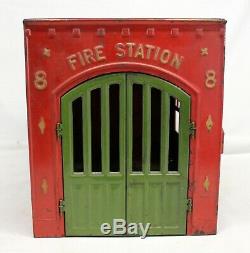 Antique Kingsbury FIRE STATION No. 8 Pressed Steel FIREHOUSE Wind-up COMPLETE