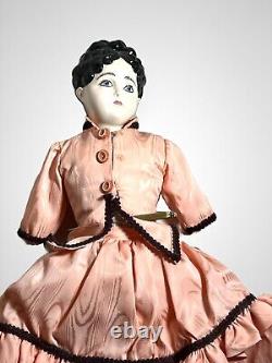 Antique Large German China Doll Black Hair Blue Eyes 21 1860s Chipped Shoe