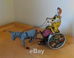 Antique Lehmann Balky Mule Donkey Clown Cart German Tin Lithograph Wind-Up Toy