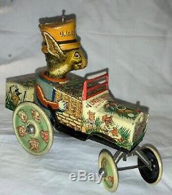 Antique Marx Tin Easter Litho Wind-up Toy Uncle Wiggily Rabbit In Car