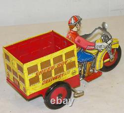 Antique Marx Tin Wind Up Boy Delivery Motorcycle Toy