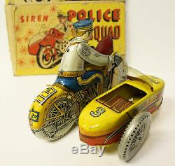 Antique Marx Toys Mechanical Wind Up Police Squad Motorcycle Toy with Partial Bo