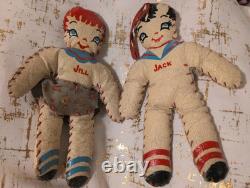 Antique Pair Jack & Jill Oil Cloth Dolls Stuffed Toy 7.5 VTG