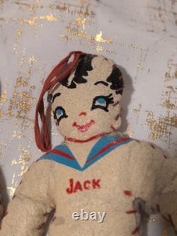 Antique Pair Jack & Jill Oil Cloth Dolls Stuffed Toy 7.5 VTG