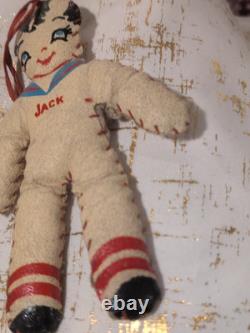 Antique Pair Jack & Jill Oil Cloth Dolls Stuffed Toy 7.5 VTG
