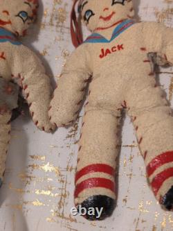 Antique Pair Jack & Jill Oil Cloth Dolls Stuffed Toy 7.5 VTG