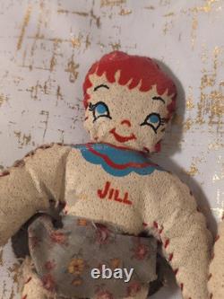 Antique Pair Jack & Jill Oil Cloth Dolls Stuffed Toy 7.5 VTG